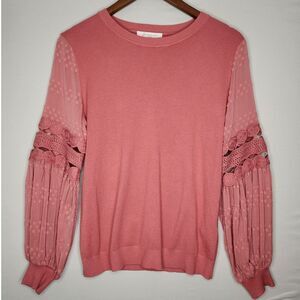 Sioni Sweater Women Lace Bubble Sleeve Pink‎ Coquette Crew Neck Med